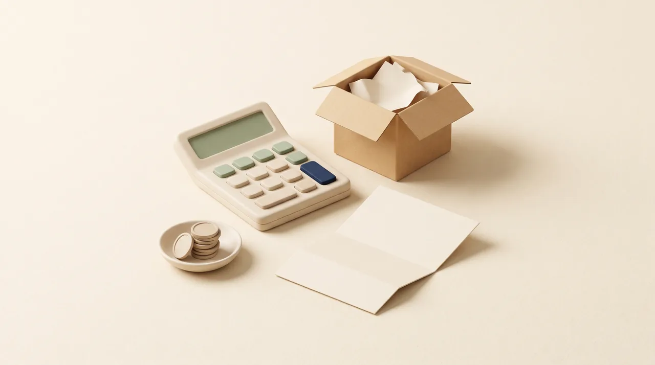 Blank calculator beside a packed moving box, stacked coins and folded paperwork.